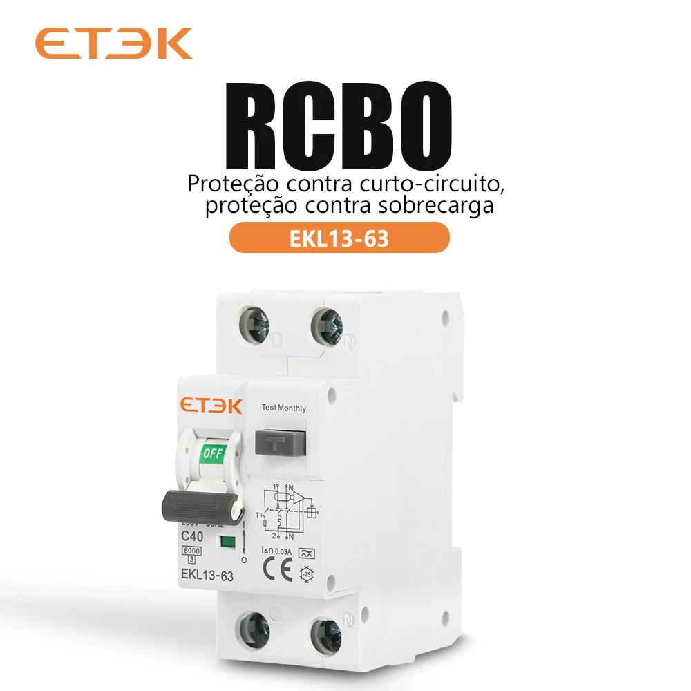 ETEK Disjuntor Diferencial Uma curva tipo C 30mA 40A 1P+N 2p com proteção contra vazamento de sobrecorrente 6KA RCD EKL13