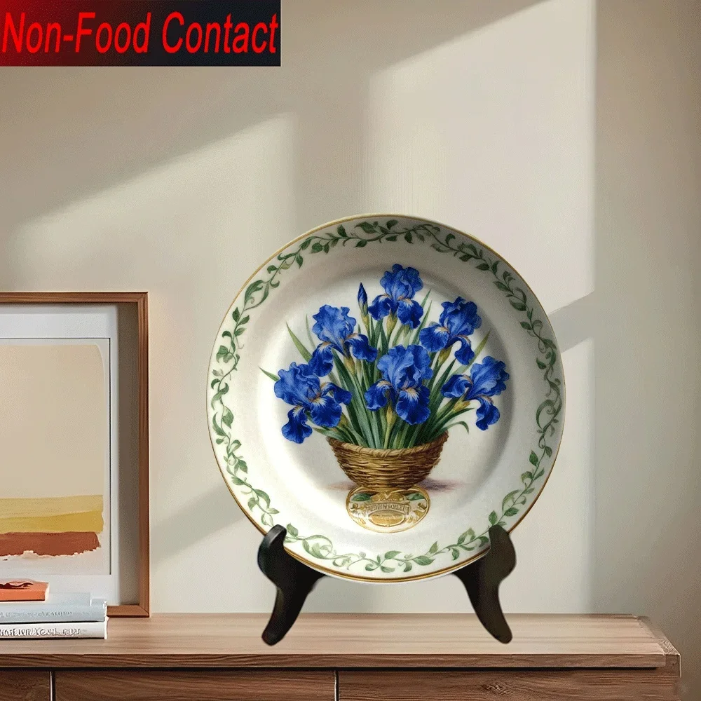 1pc Blue & White Ceramic Decorative Plate with Black Iris Flower - Round Non-Food Contact Serving-Like Plate for Home Decor,