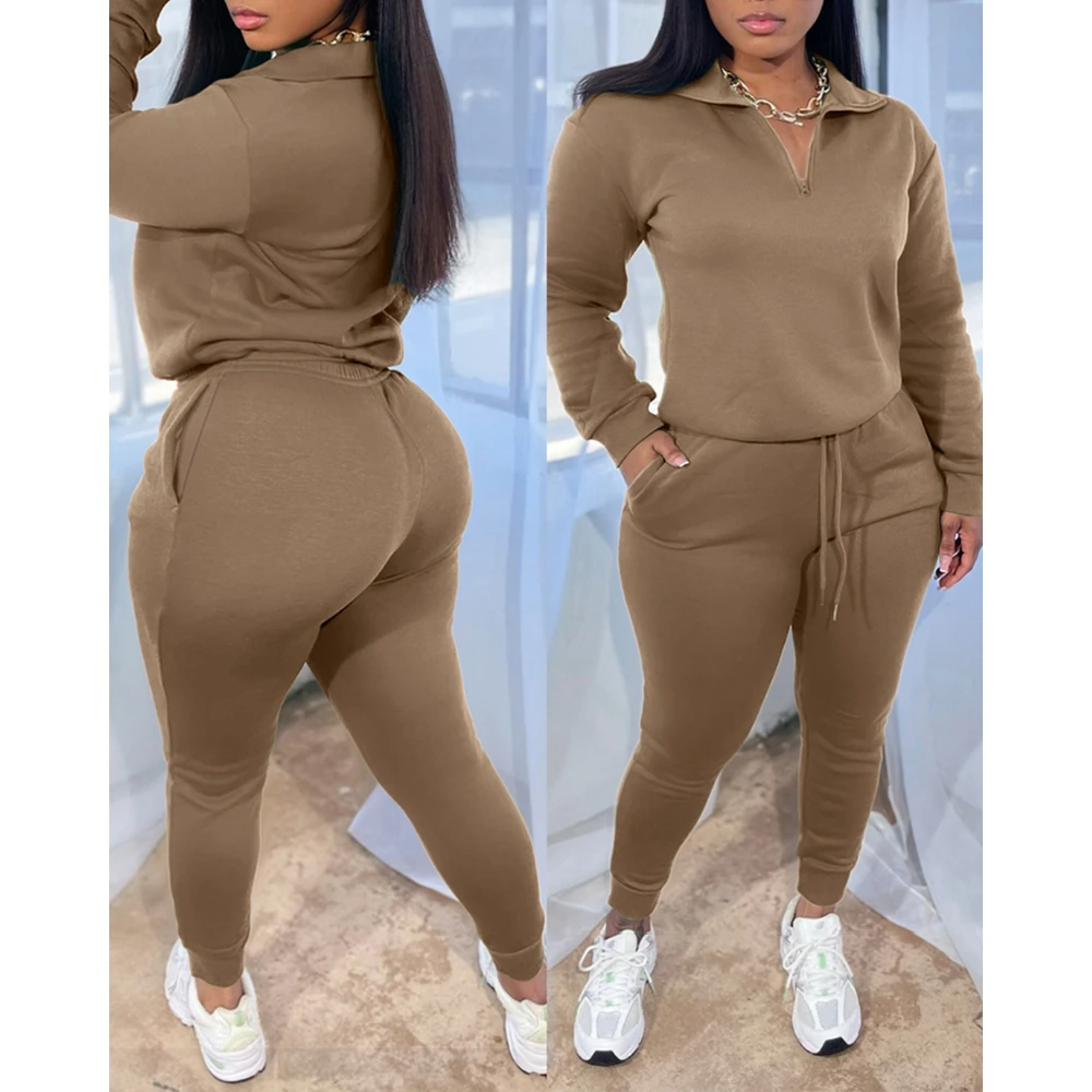 Elegant 2 Pieces Outfit High Neck Half Zip Drop Shoulder Top and Drawstring Elastic Waist Slim Fit Jogger Pants Set Casual Track