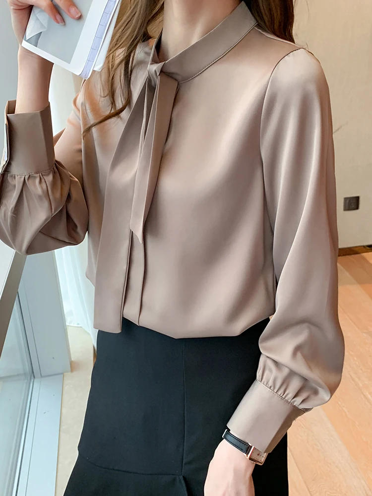 Women's Downs Shirts Long Sleeve Basic Classic Soft Shirt Collared Dressy Casual Solid Color Bow Blouse Long Sleeve Elegant Tops