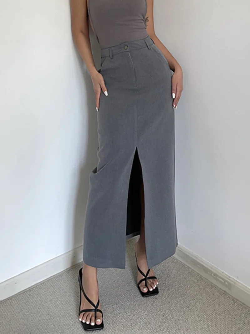 WOMENGAGA Retro High Waist Half Skirt Girl Bifurcate Slim A-LINE Gray Skirts Fashion American Spicy Girls 2023 New 5P2F