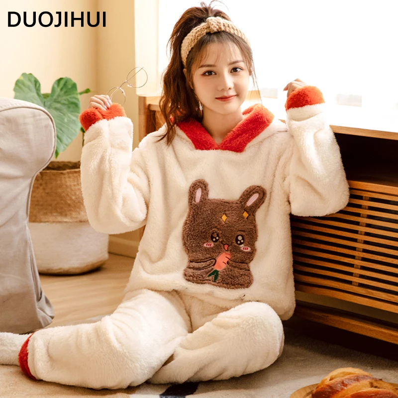 DUOJIHUI Korean Hooded Thick Warm Soft Pajamas for Women Contrast Color Chicly Printing Loose Simple Fashion Female Pajamas Set