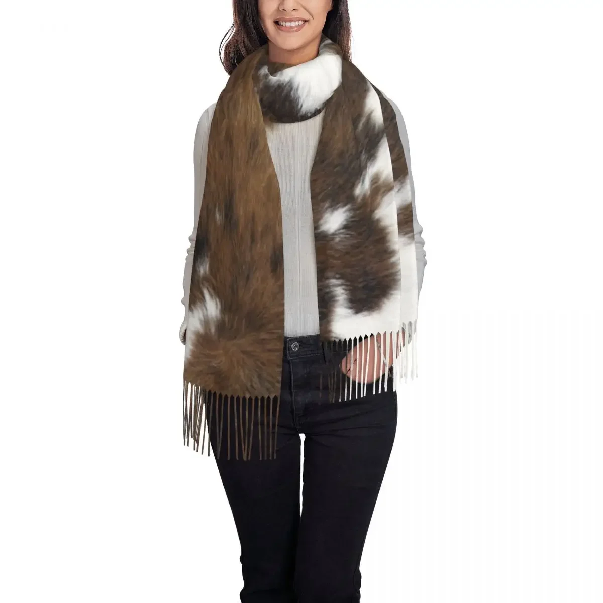 Simulated Cowhide Texture Scarf Wrap Women Long Winter Warm Tassel Shawl Unisex Scarves