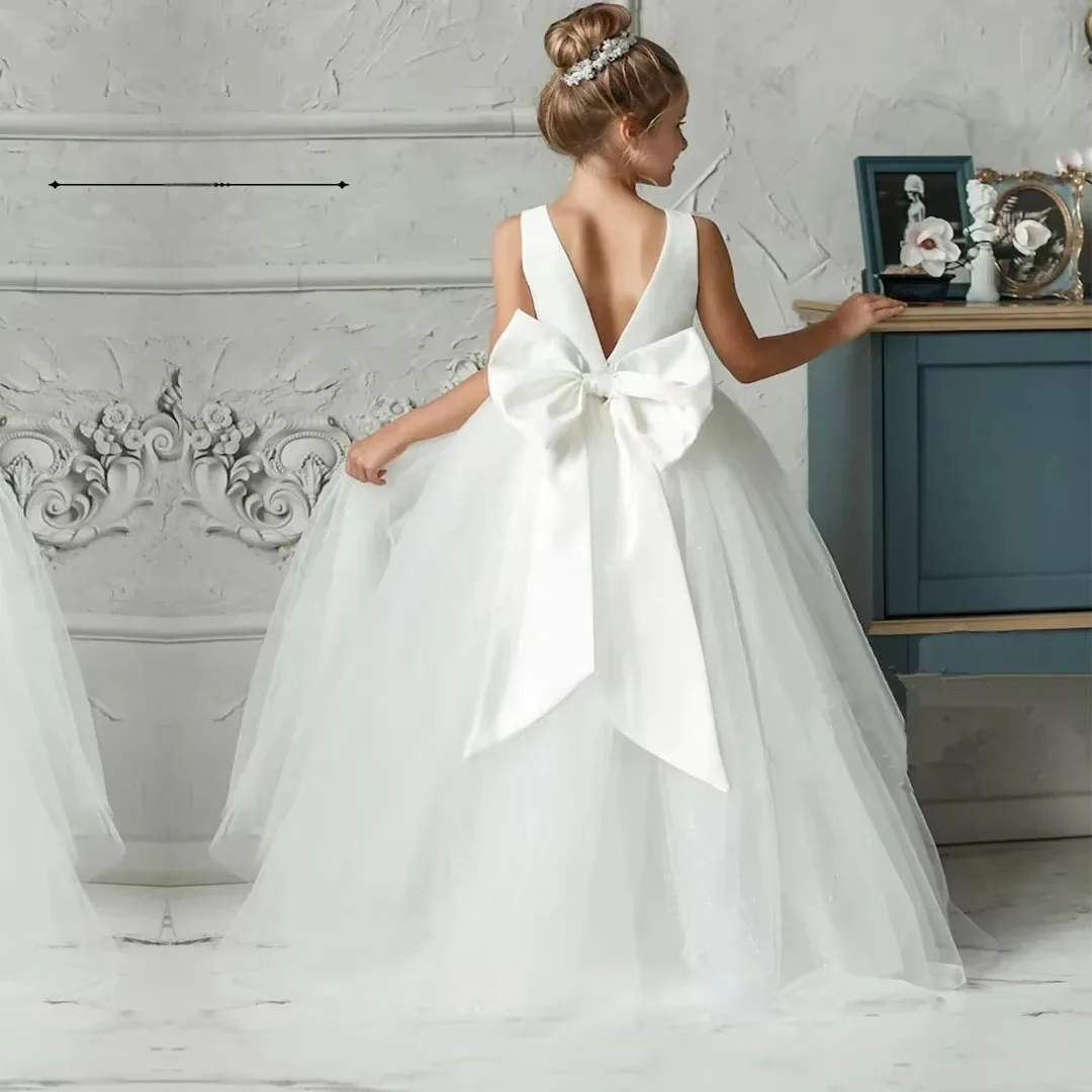 

Театрализованное платье для девочек без рукавов с глубоким V-образным вырезом на спине, тюлевое платье с большим бантом, торжественная вечеринка, свадьба, костюм с цветочным узором для девочек на день рождения