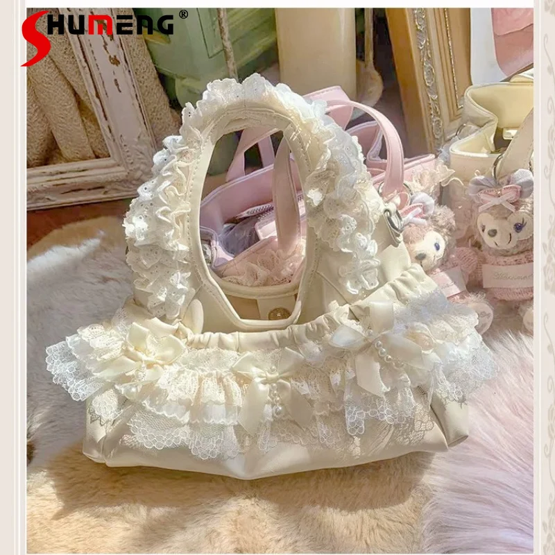 

Sweet Lolita Ladies Crossbody Bag Japanese Exquisite Lace Satin Bag Adorned with Pearl Bow Elegant Portable Handbag Daily Use