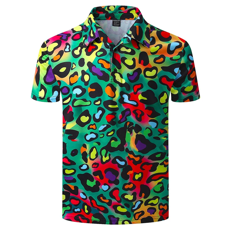 Harajuku Personality Polo Shirt For Men Strong Color Lapel T-shirt Cool Spotted Leopard Outdoor Street Casual Loose Tee Shirts