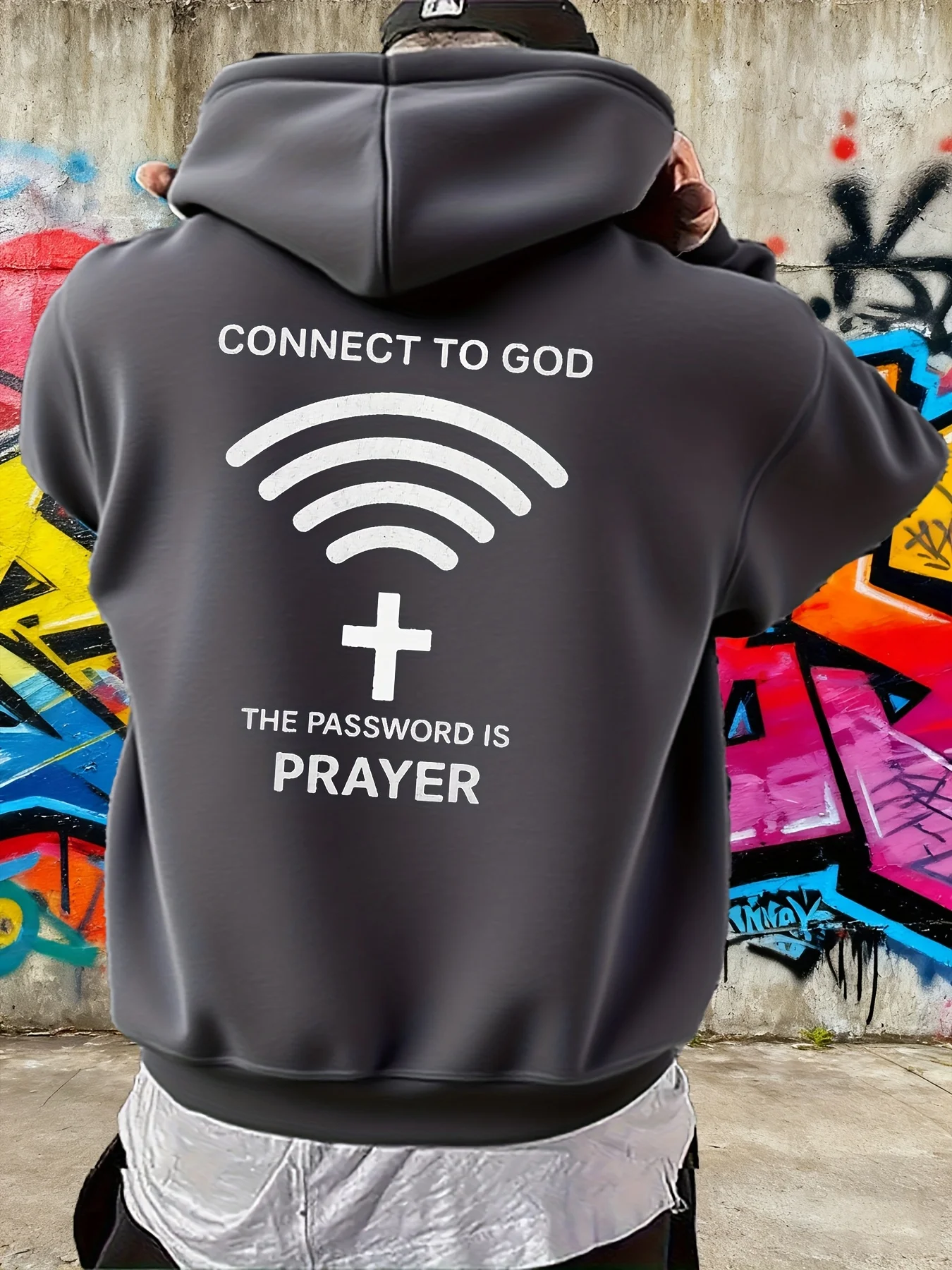 Men's Hoodie with Faith Symbols and Prayer Print on the Back - Connection to God Code Is Prayer Design, Kangaroo Casual Pullover, Suitable for Church, Daily Wear, and Outdoor Activities (Religious Apparel)