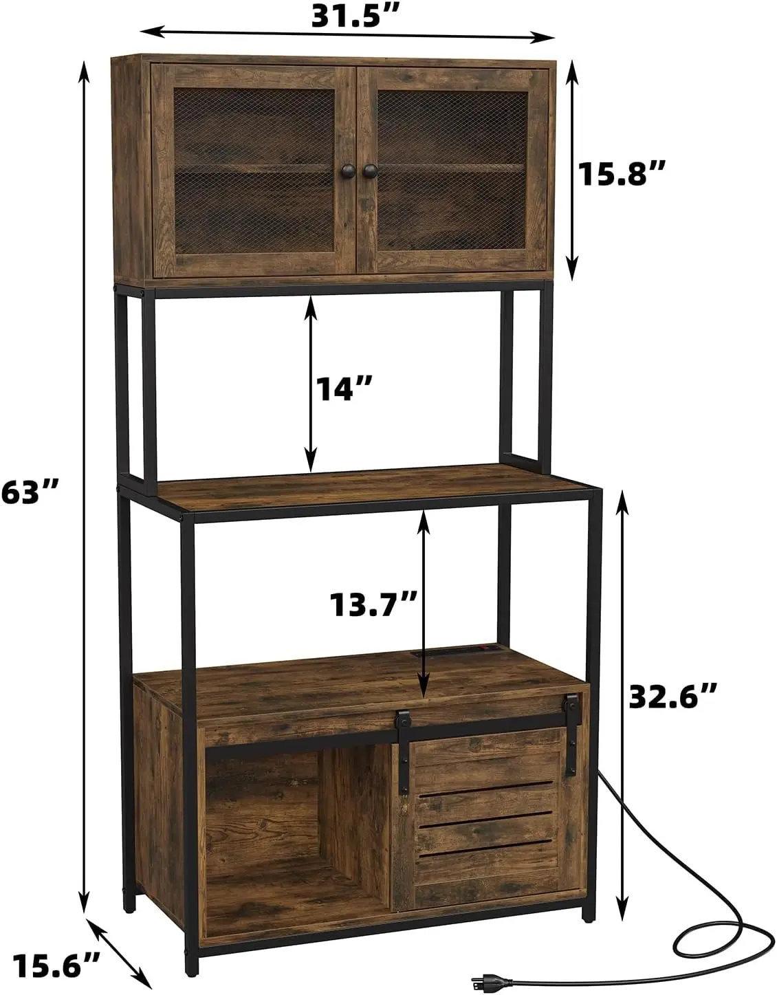 Scaffale da cucina a 6 livelli con presa, supporto per microonde industriale e ripiano portaoggetti (marrone rustico)