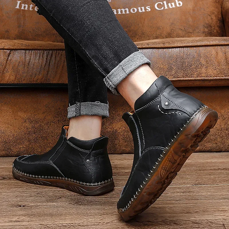 Autumn Winter Elegant Chelsea Boots Leather Men Shoes Round head Luxury designer Ankle boots Anti slip black Slip-on Big Size 47