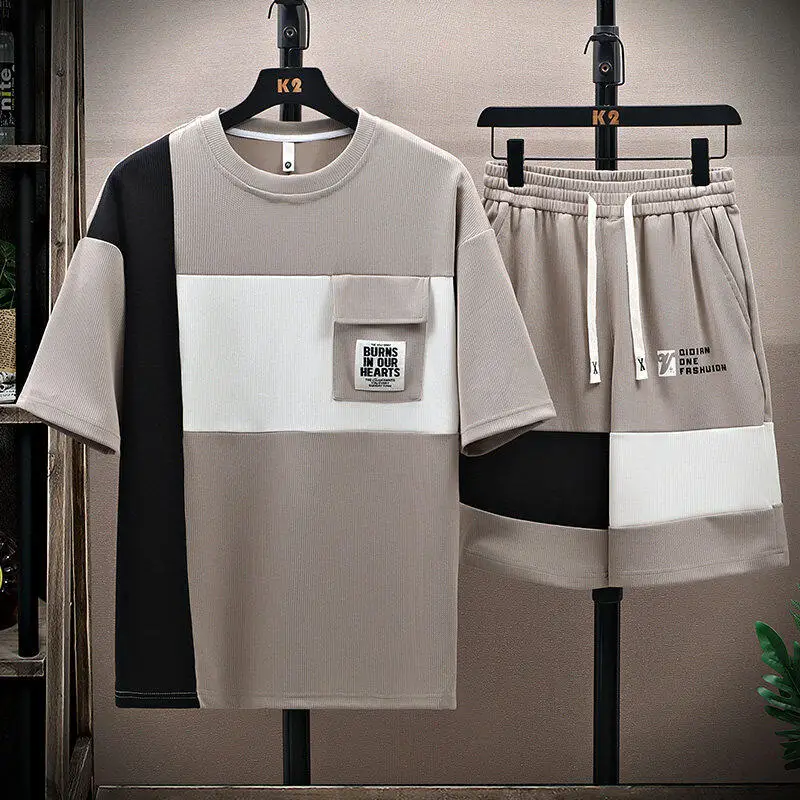 

Teenage Boys Faionable Student Summer Outfit Loose Five-Point Pants Whole Set Clothing Casual Trendy Youth M Bundle