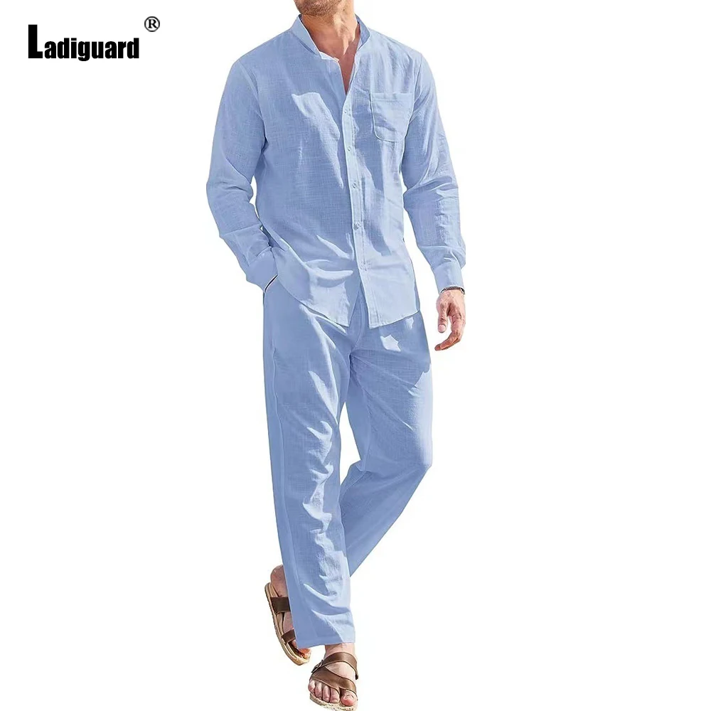 Ladiguard Plus Size Mens Casual Linen Two Piece Sets 2023 Europe Style Basic Tops and White Pants Suit Male Beach Tracksuits Set