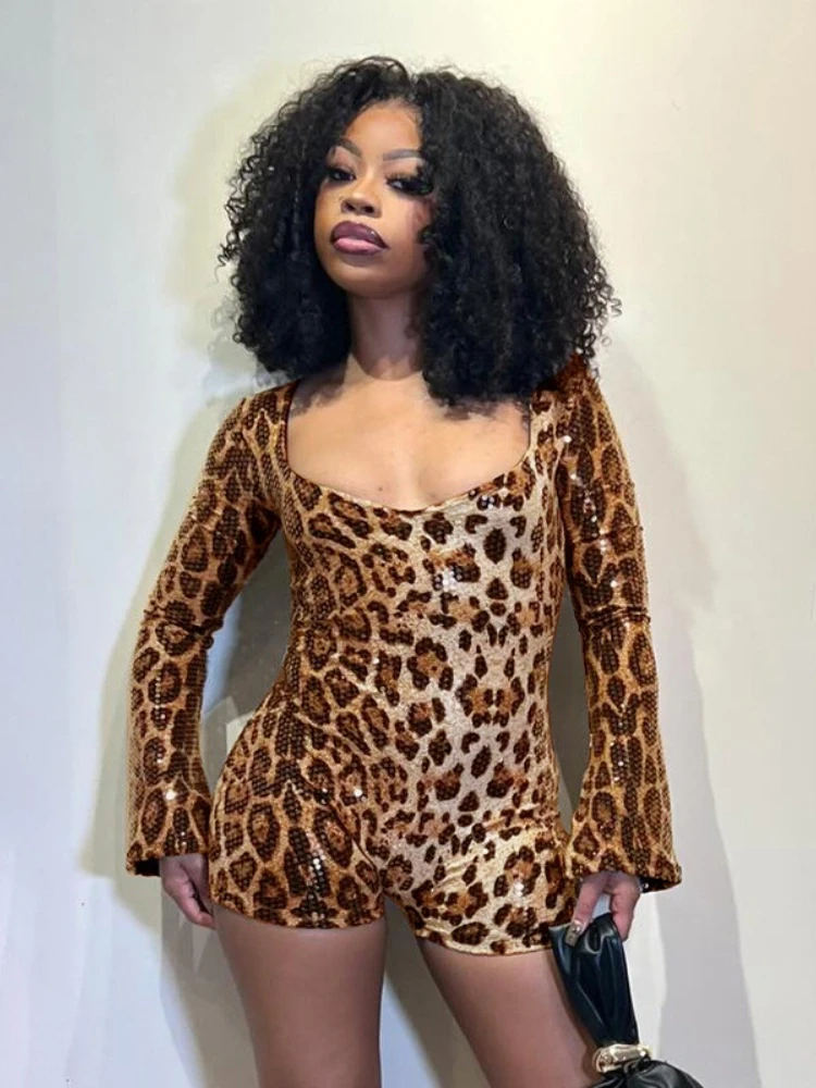 

FDYOUI квадратный воротник с леопардовым принтом и блестками боди женский сексуальный цельный комбинезон с длинными рукавами вечерние короткие комбинезоны для ночного клуба