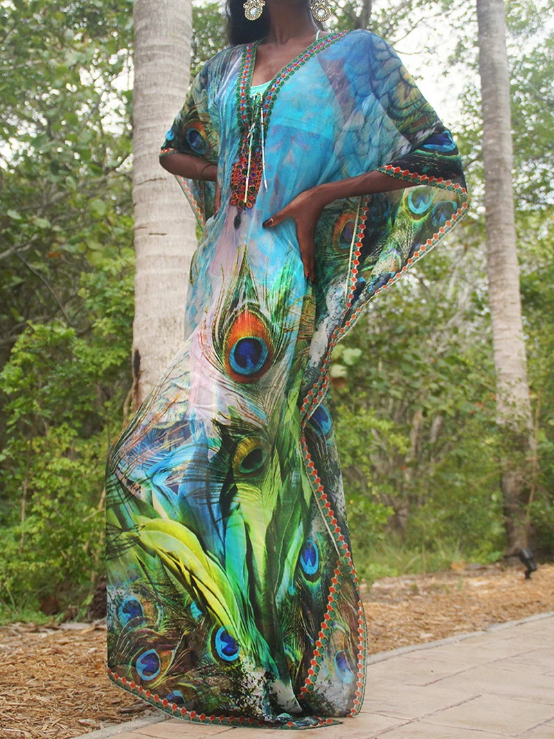 Peacock-Robe de plage en mousseline de soie pour femme, kimono, cover-up pour les maillots de bain, Industries ong, cardigan, bikini