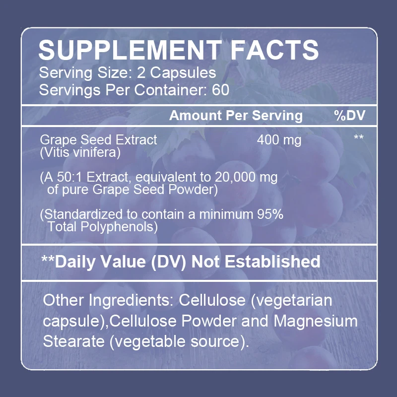 Natural Grape Seed Extract - Anti-oxidation, Anti-aging, Promote Skin Health, Reduce Wrinkles
