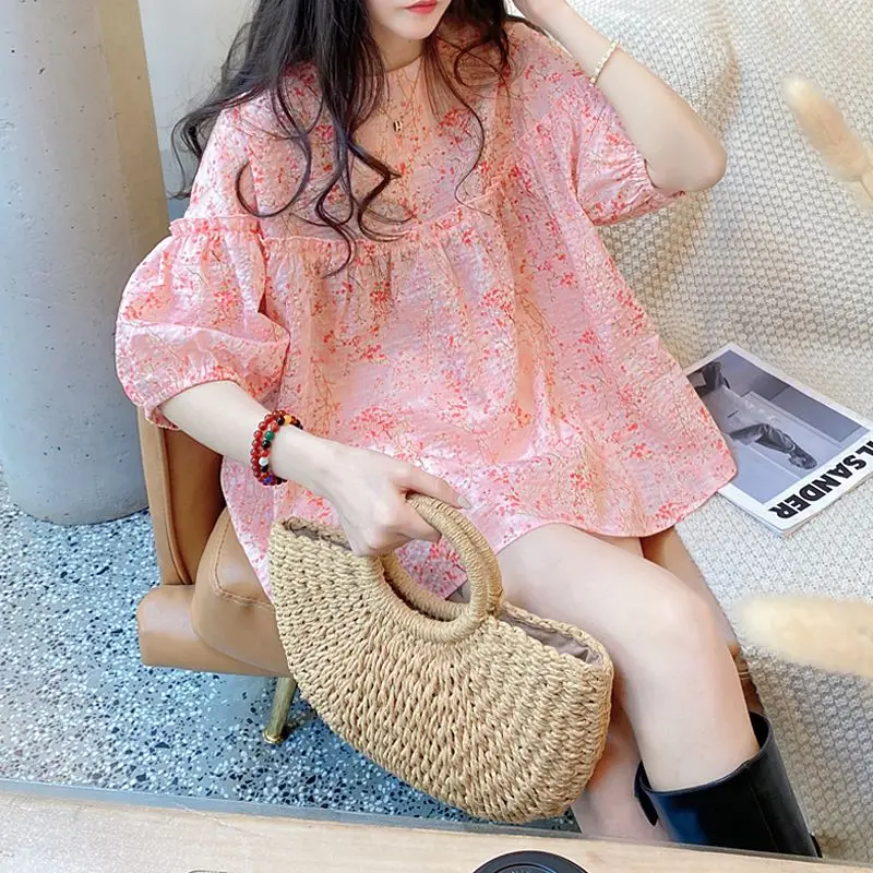 

Summer New Korean Loose Floral Blouse Lantern Sleeves O-neck Pleated Print Thin Sweet Shirt Tops Elegant Fashion Women Clothing