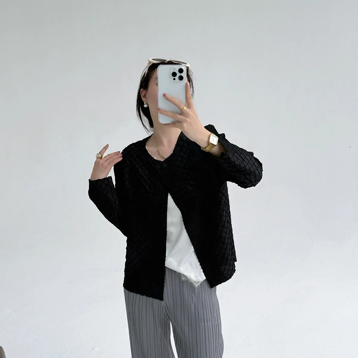 ミヤケ フォールド 新スタイル 秋冬 2025 ダイヤモンドグリッド フォールド 刺繍入り おしゃれ ゆったり ジャケット レディース アウター カーディガン トップス