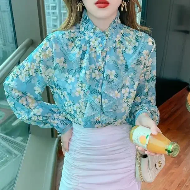 

French Style Lace Ruffle Edge Chiffon Shirt for Women New Long Sleeved Western-style Printed Design Top Small Shirt