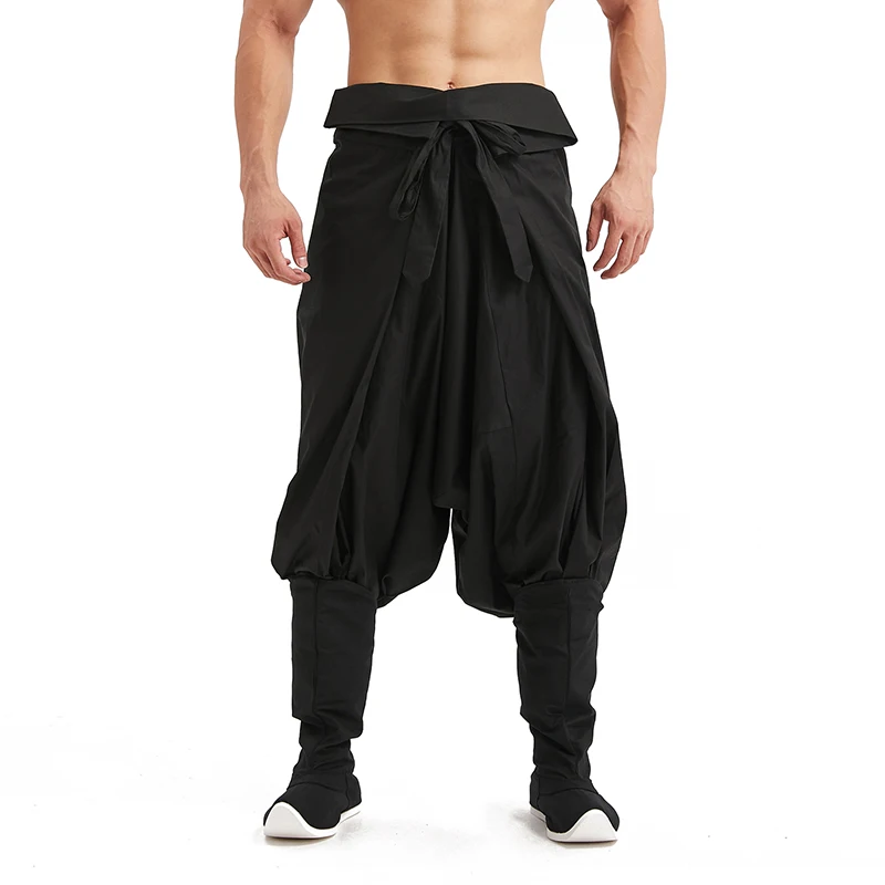 2024Men Wide Leg Pants Drop Low Crotch Baggy Hanfu Pants Belted Harem Trousers Loose Elastic Chinese Traditional Kung Fu Trouser