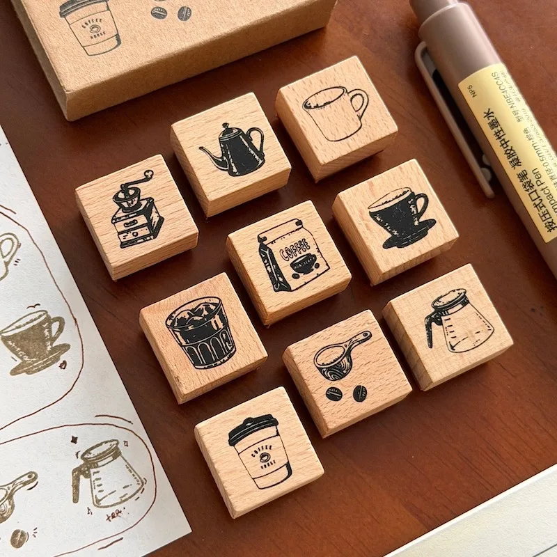 Vintage Coffee Pot Cup Bean Wood Stamp Set for Diary Junk Journal Deco DIY Handicraft Material Scrapbooking Wooden Seal view 4