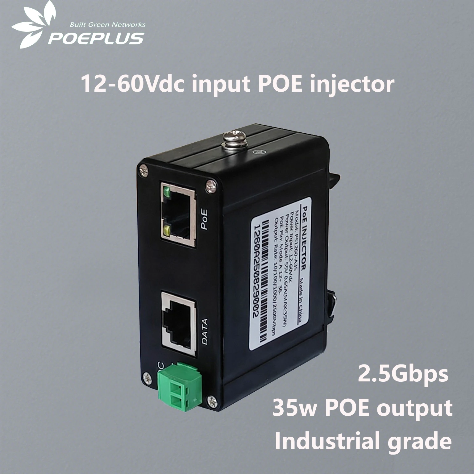 Industrial Passive POE Injector 12-60VDC Input 35W 2.5Gbps 55V 0.6A POE Output High-Speed Network Power Supply Device