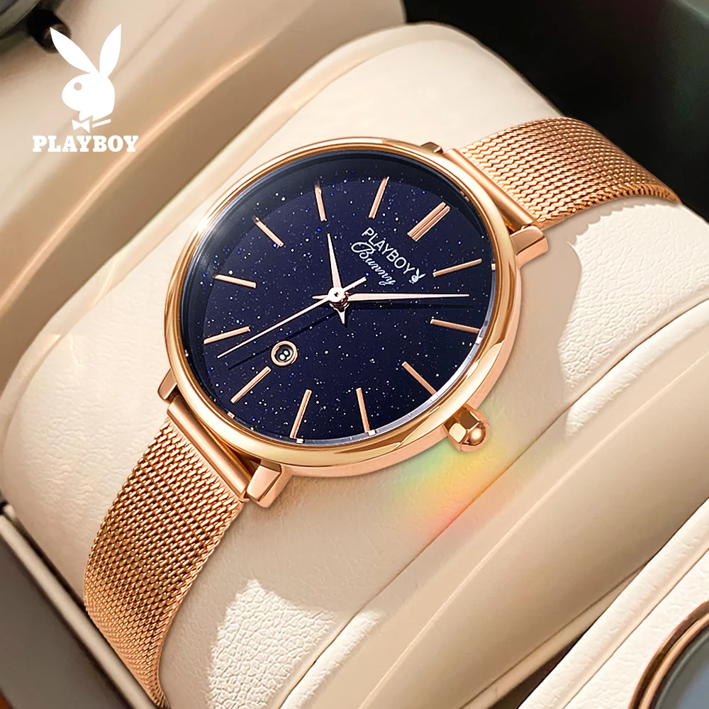 PLAYBOY 2013 Fashion Brand Japan Quartz Movement Blue Sandstone Dial Leather Strap Waterproof Elegant Night Star Watch Women