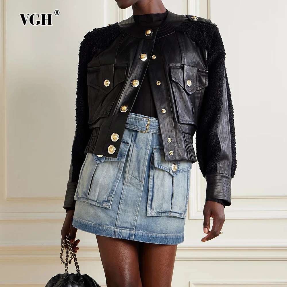 

VGH Distressed Patchwork Belt Washed Jeans Skirts for Women High Waist Splced Multi Pockets Slim Basics Short Skirt Female New