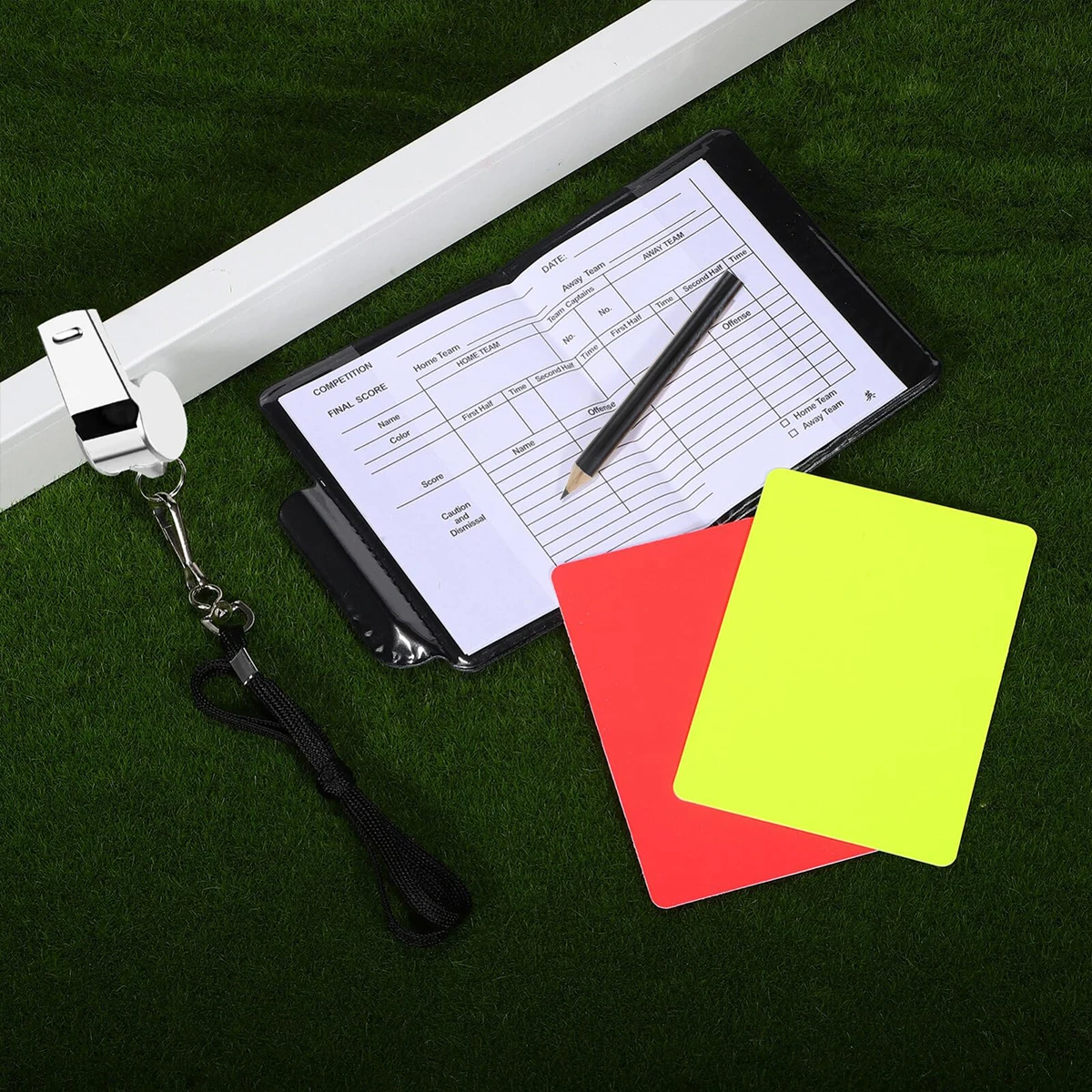 A durable PVC red and yellow card referee set - stainless steel whistle with rope, suitable for all kinds of sports