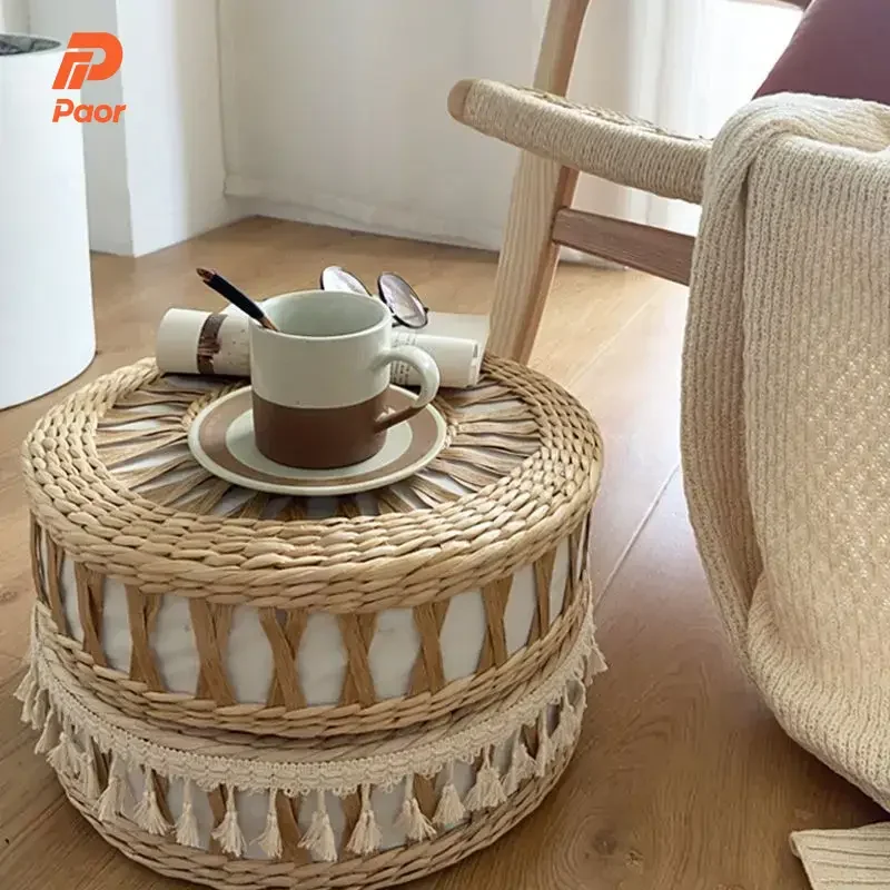 Small Mobile Stool Weave Beach Living Room Round Footrest Hallway Luxury Ottomans Bedroom Nordic Coffee Table Art
