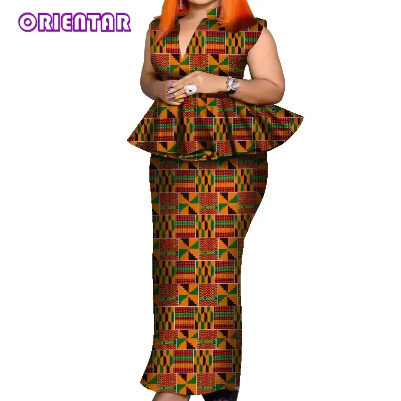 African Outfits Women 2 Pcs Set African Print Sleeveless Blouse and Long Skirt Women Suit Plus Size African Clothes WY8049