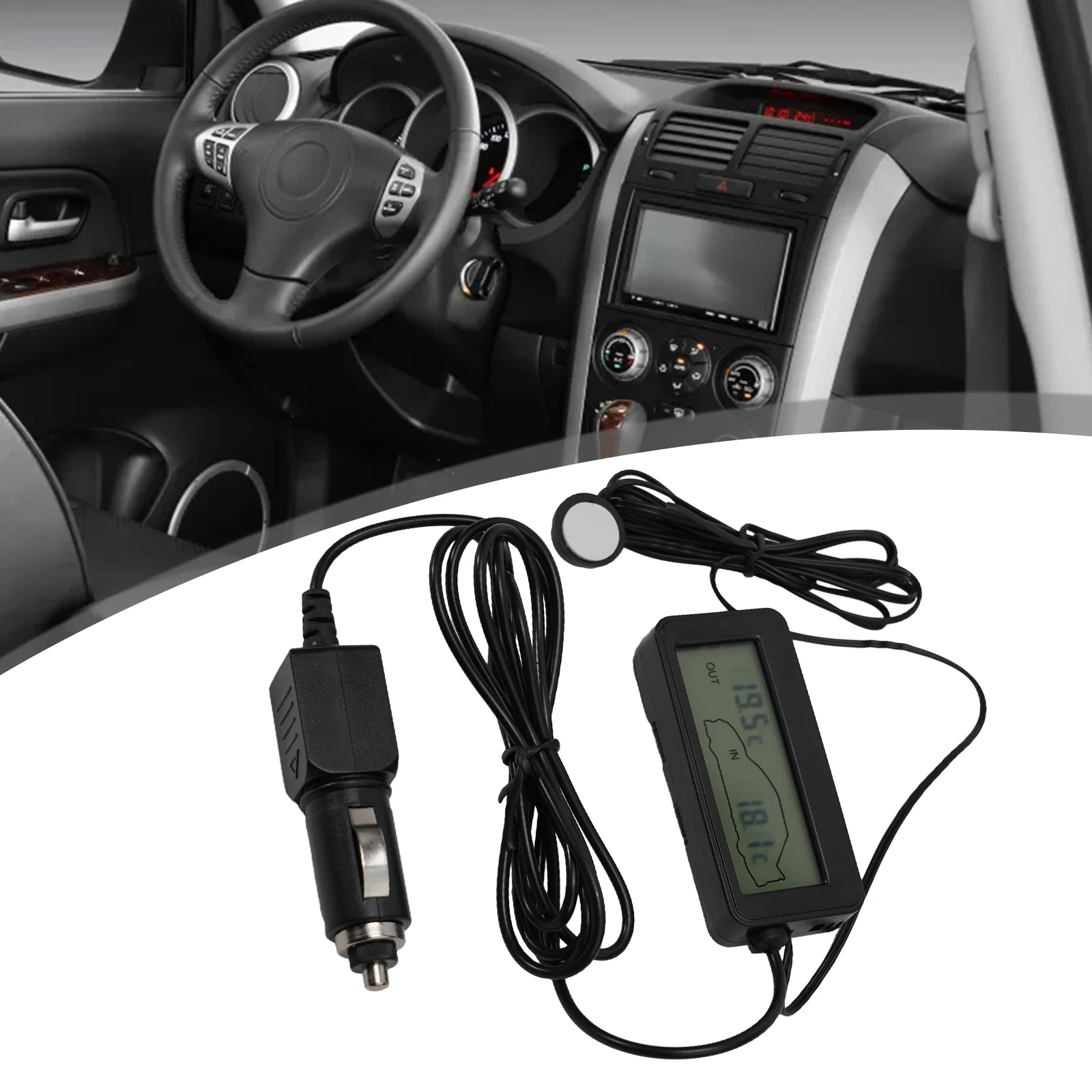 Digital Temperature Display Unit for 12V Cars Shows Interior and Exterior Readings with Blue Backlit Screen and Shell