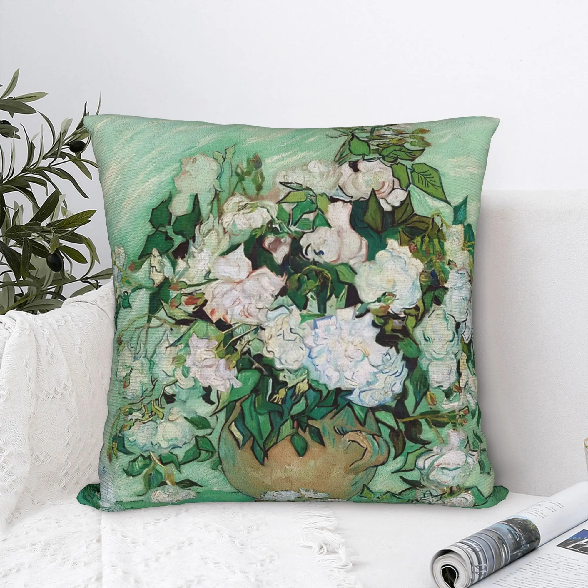 Vincent Van Gogh Still Life - Vase with Pink Roses Square Pillowcases Sofa  Cushion Cover Creative Decor Pillowcase 45*45