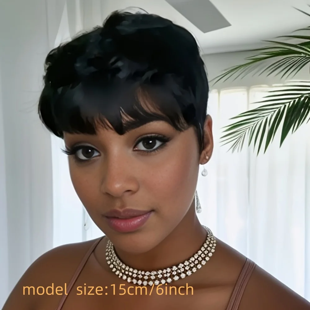 ピクシーカットウィッグ 女性用 ストレート人毛ウィッグ 前髪付き ナチュラル