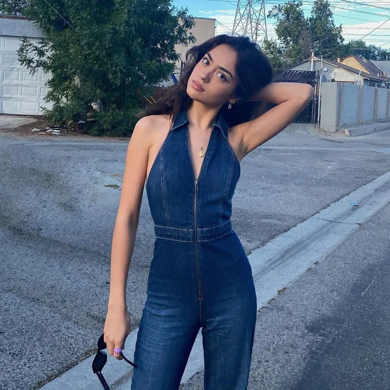 Elegant Women Vintage Jumpsuit Chic Denim Zipper V Neck Halter Sleeveless High Waist Wide Legs Bodycon Summer Jumpsuits