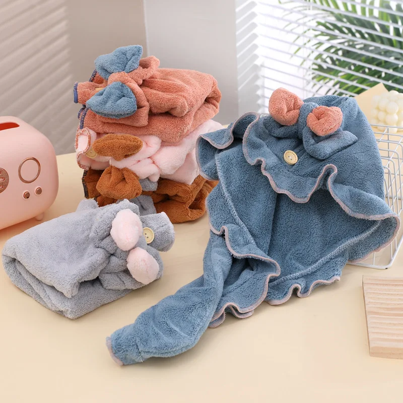 قبعة منشفة شعر بلون سادة من الصوف للمنزل، قبعة تجفيف الشعر بعقدة كرتونية على طراز الأميرة مع حافة من الدانتيل، قبعة حمام عمامة #2