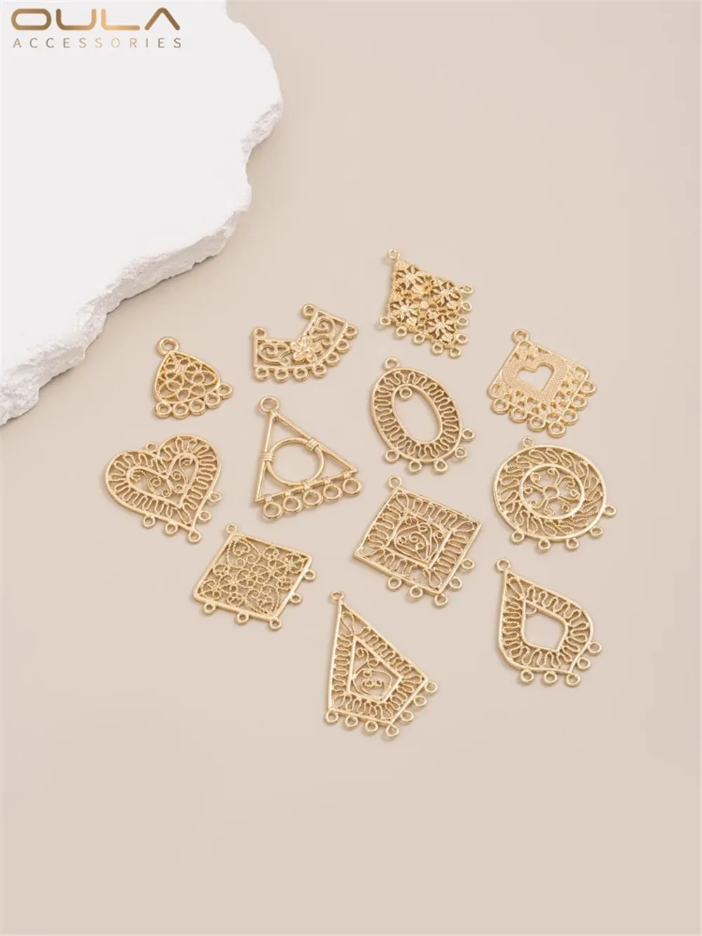 14K Gold-Color Plated Hollow Lace Geometric Heart Diamond-shaped Multi-loop Diy Tassel Earring Headpiece Accessories