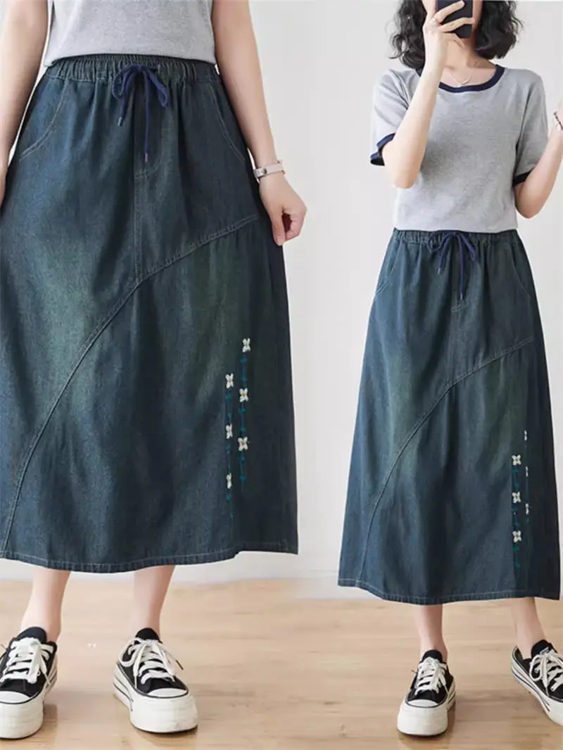 Chinese Style Retro Embroidered Denim Skirt 2024 Fashionable And Versatile Loose Fitting Casual Saias Jeans Midi Faldas K442