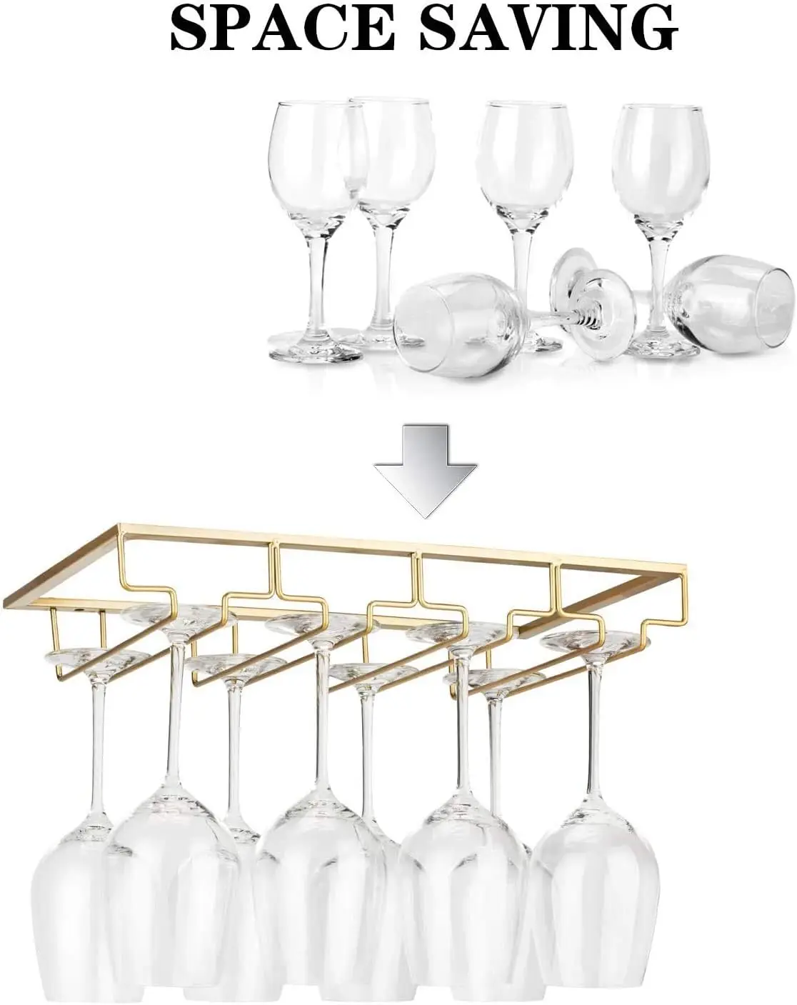 Under Cabinet Stemware Holder - Metal Wine Glass Rack Organizer for Kitchen Bar Storage, Gold Finish