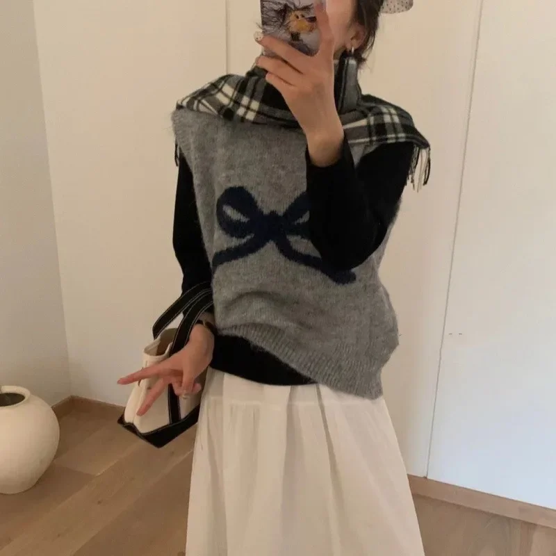 Kimotimo Bow Printed Knit Vest Women 2024 Autumn Winter O Neck Loose Outwear Waistcoat Tops Korean Y2k Sweet Short Sweater Pulls