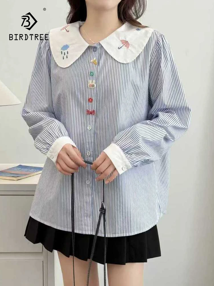 

Новая осенняя хлопковая рубашка с длинными рукавами 2025, женская свободная блузка с отложным воротником и вышивкой, Mori Girl Age Reduction Party T59480CC