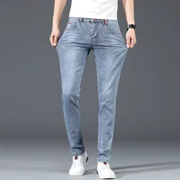 Men's Cotton Business Casual Slim Jeans 8 2024 New Men's Cotton Business Casual Skinny Jeans Trendy Fashionable Stretch Straight Slim Denim Trousers Male Blue Grey 2