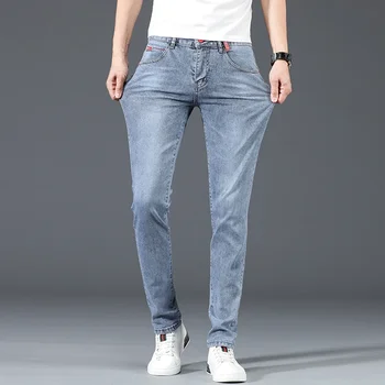 2024 New Men's Cotton Business Casual Skinny Jeans Trendy Fashionable Stretch Straight Slim Denim Trousers Male Blue Grey 2 2024 New Men's Cotton Business Casual Skinny Jeans Trendy Fashionable Stretch Straight Slim Denim Trousers Male Blue Grey 2