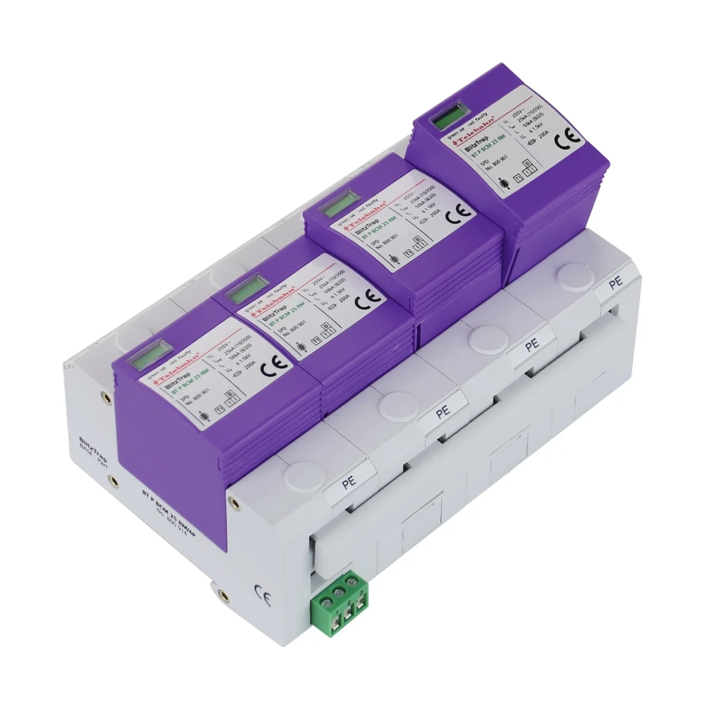 AC surge protection 255V/230V/400V T1 + T2 25kA 50kA 75kA 100kA 4P 3-phase TNS TVSS surge protector SPD
