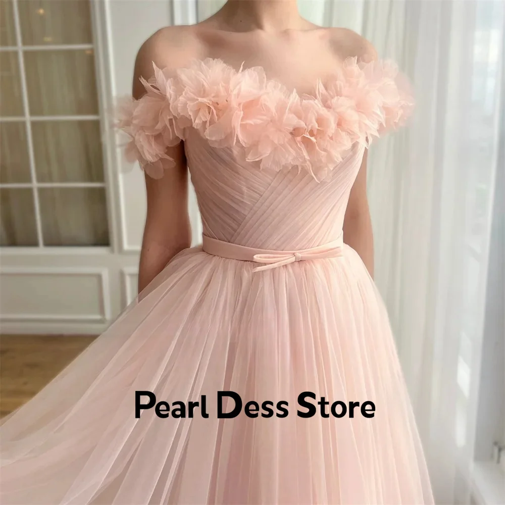 Off shoulder sheer evening dress with floral sweetheart Pastrol A-line tea long lace up back dance dress 2024