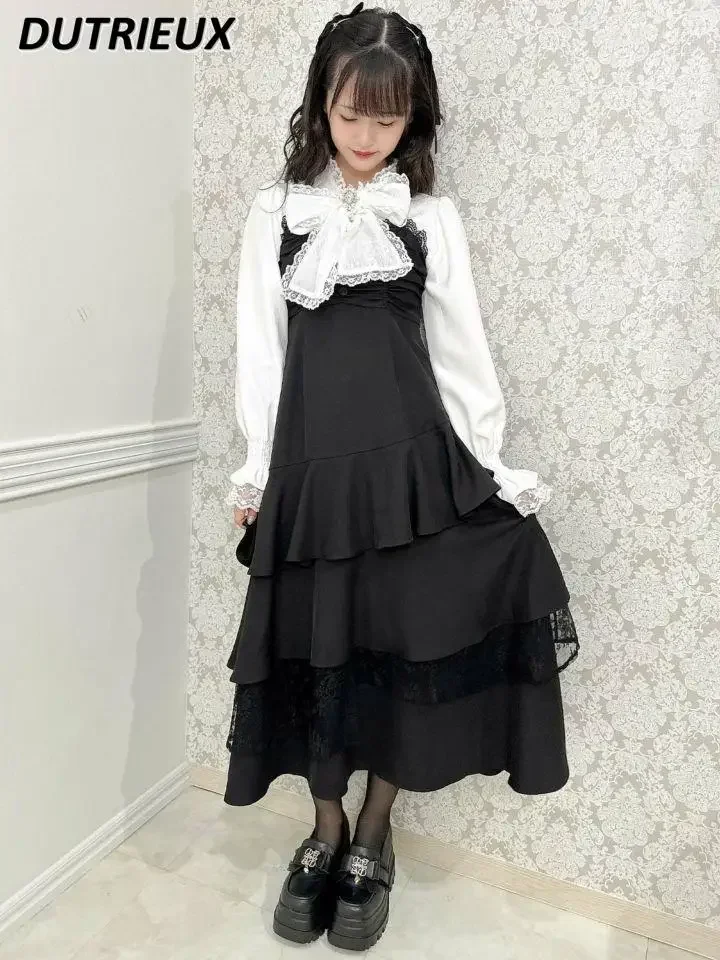 Japonês nova fada bolo sem costas vestido longo doce e bonito menina cintura cor sólida elegante plissado borda em camadas suspender vestidos