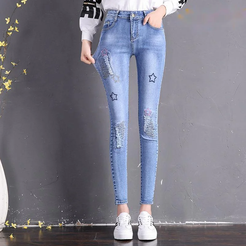 

Casual Jeans Women Vintage Embroidery Hole Patch Tight Slim Stretch Pencil Denim Pants Women's Korean Fashion Leggings