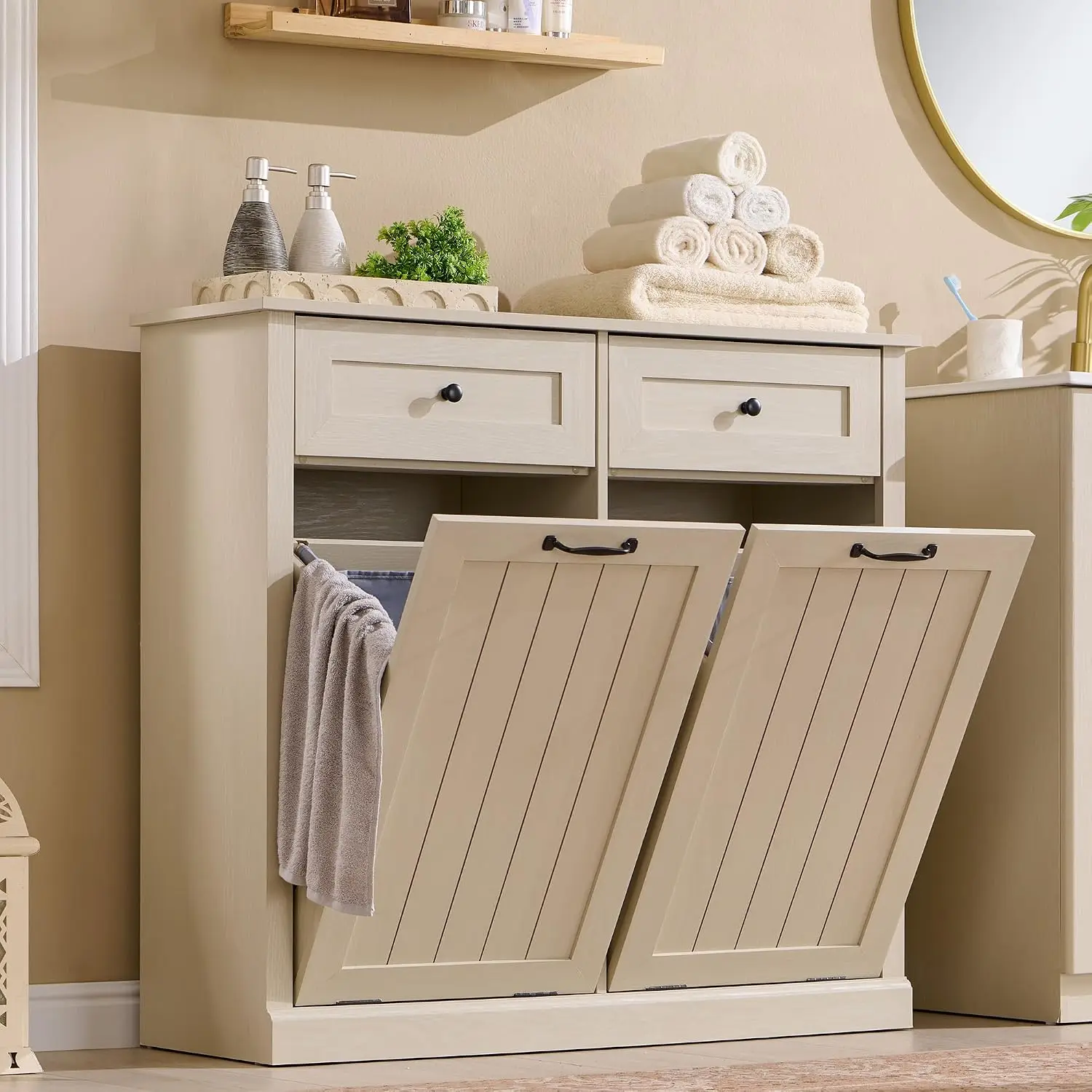 Double Tilt Out Laundry Hamper Cabinet, Trash Cabinet, Cream