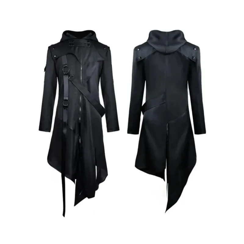Medieval Men Gothic Irregular Hooded Hip Hop Trench Coat Steampunk Long Black Design Overcoat Assassin Cosplay Costu