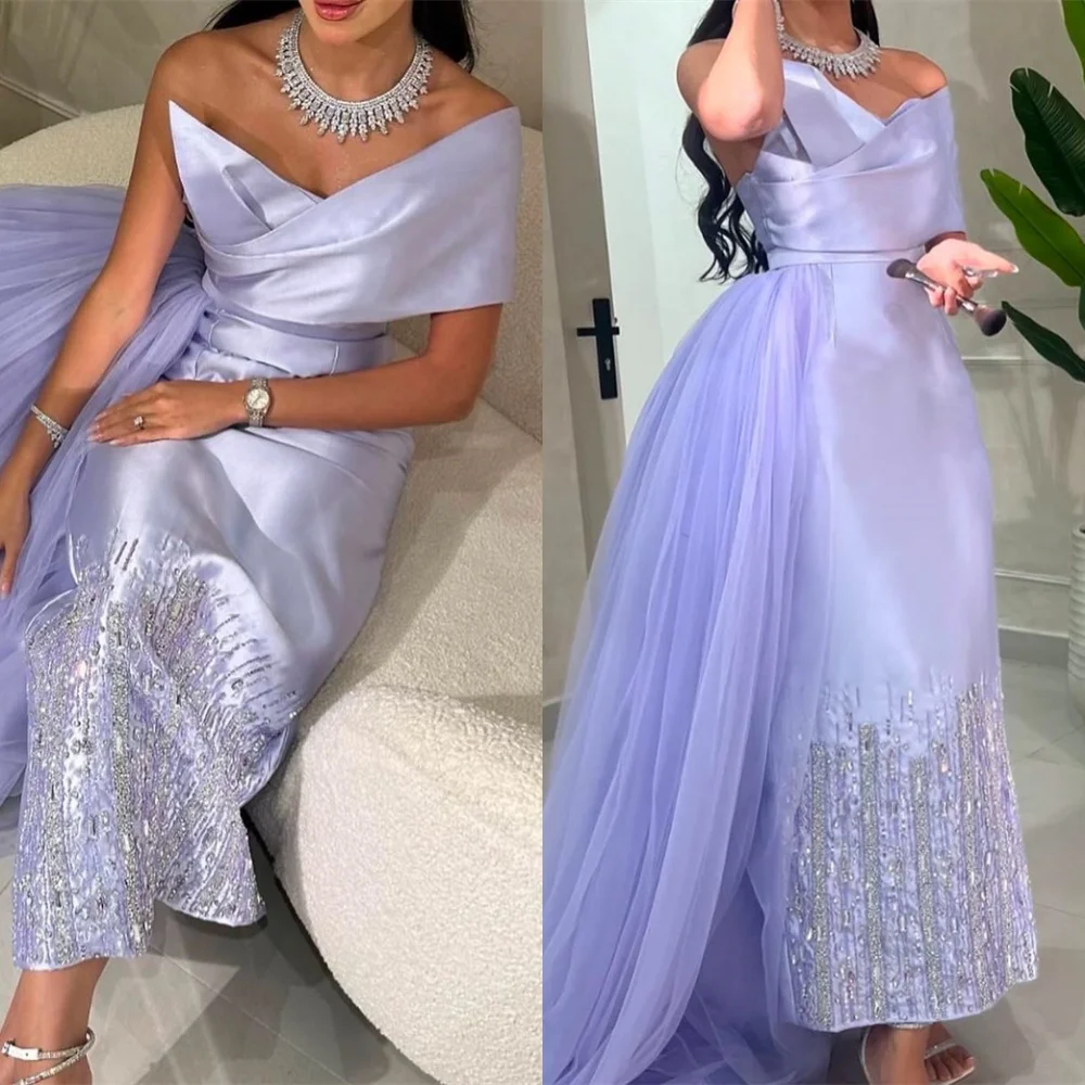 

Customized Exquisite Light Purple Satin Evening Dress Delicate Strapless One Shoulder Short Sleeves Special Occasion Gowns