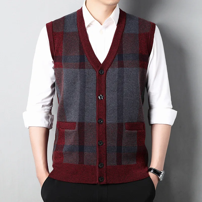 Autumn Winter Men\'s Casual Cardigan Vest Male V-neck Sweater Warm Wool Sweater Vest