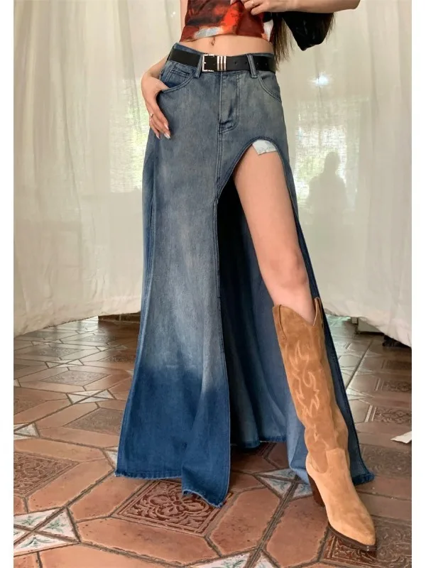 Split Long Denim Skirt Women Summer New Gradual Change Color High Waist A Skirt Medium and Long Skirt